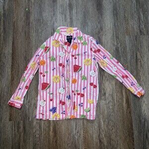 Vintage Nick & Nora Women's Pink Fruit Print Striped Cotton Pajama Shirt Size S